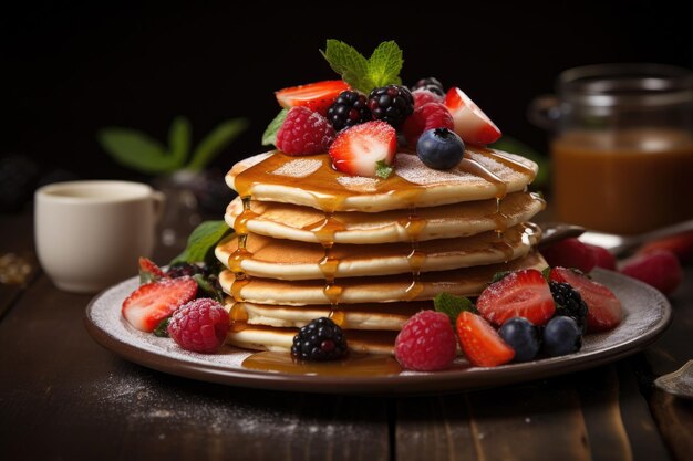 eine Food-Fotografie von Pfannkuchen mit Beeren, generative KI