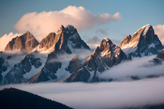 Foto eine foto-gebirgskette mit wirbelndem nebel und gezackten gipfeln im hintergrund