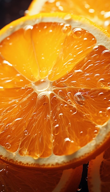 Eine Fotoaufnahme von frischen Orangenfrüchten mit kinematografischem Wasserspritz