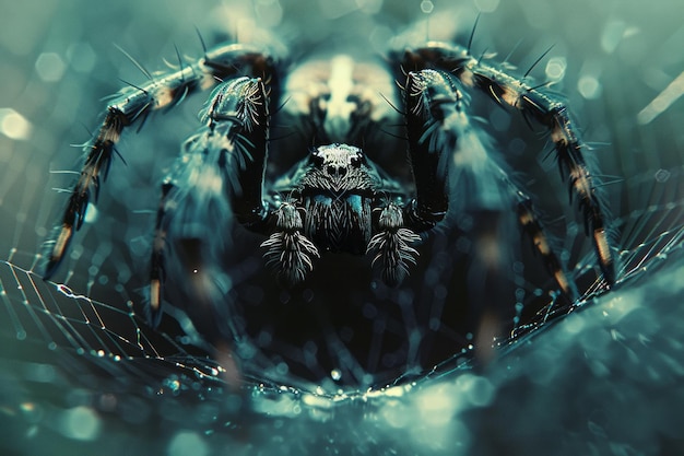 Eine Fotografie einer Spinne in der Mitte ihres Netzes, die geduldig auf die Schwingungen wartet, die ein Signal geben