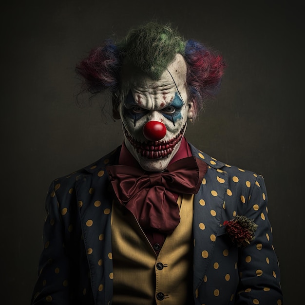 Eine Fotografie eines Clowns in einem vollen Clownkostüm