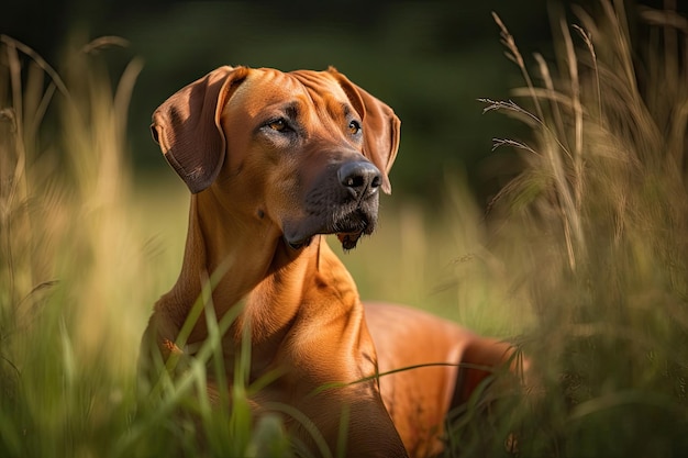 Eine Fotografie eines Rhodesian Ridgeback, der auf Gras steht