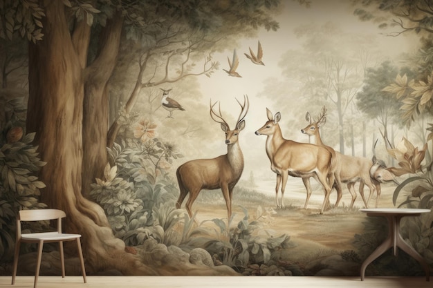 Eine Fototapete mit Hirschen im Wald