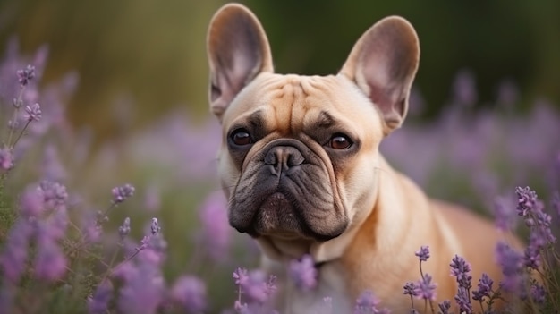 Eine französische Bulldogge in einem Lavendelfeld