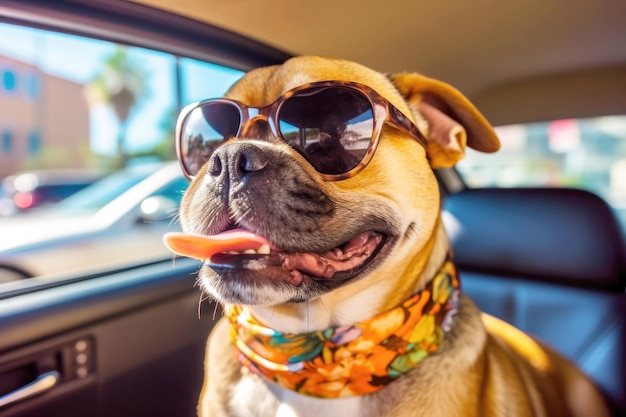 Eine französische Bulldogge mit Brille fährt in einem Auto und reist mit Haustieren