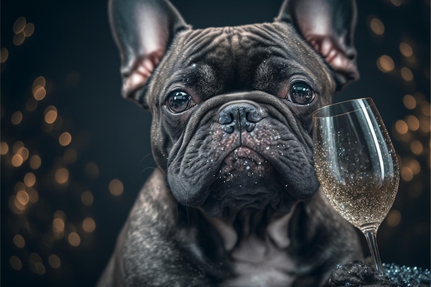 Eine französische Bulldogge mit einem Glas Champagner