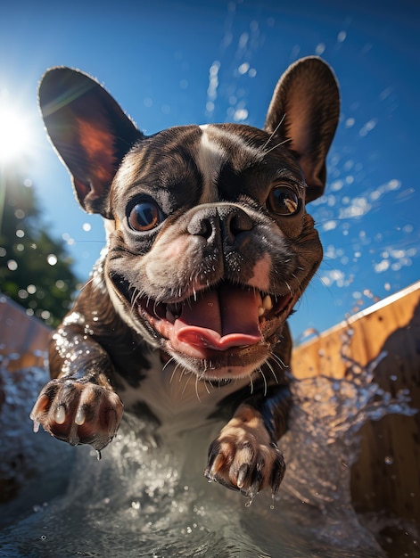 Eine französische Bulldogge rutscht die Wasserrutsche in einem durch KI erzeugten Wasserpark hinunter