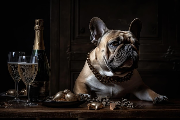 Eine französische Bulldogge sitzt neben einer Flasche Champagner Generative AI