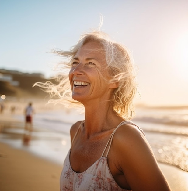 Eine Frau am Strand mit der Sonne, die ihr ins Gesicht scheint