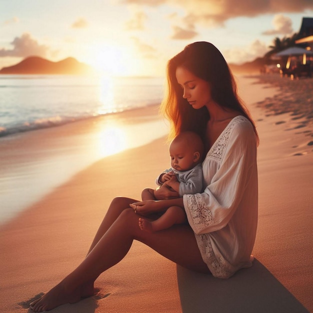 Eine Frau am Strand mit ihrem Baby genießt den Sonnenuntergang