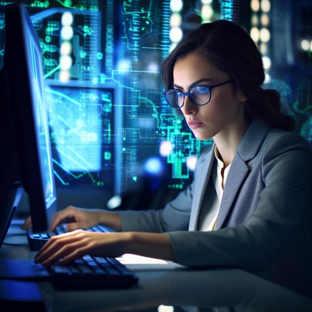 Eine Frau arbeitet an einem Computer mit einem beleuchteten Bildschirm.