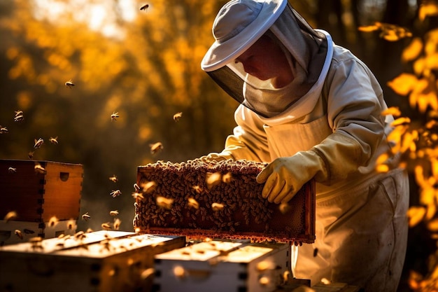 eine Frau arbeitet an einem Honigstock mit Bienen im Hintergrund.