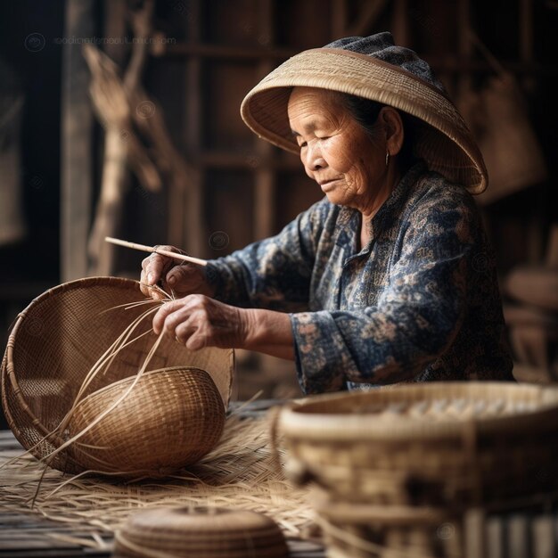 Eine Frau arbeitet an einem Korb aus Bambus.
