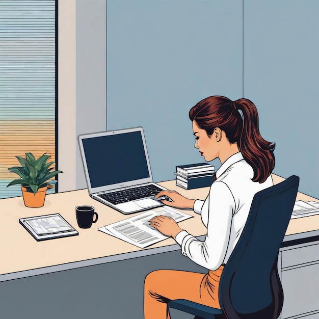 eine Frau arbeitet an einem Laptop am Büro-Schreibtisch.