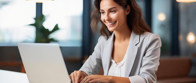 eine Frau arbeitet an einem Laptop und sie benutzt ihn