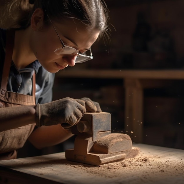 Eine Frau arbeitet an einem Stück Holz, auf dem ein kleines Stück Holz liegt.