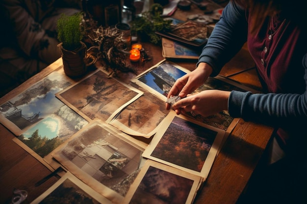 Eine Frau arbeitet an einem Tisch mit alten Fotos und den Worten „das Wort“ darauf.