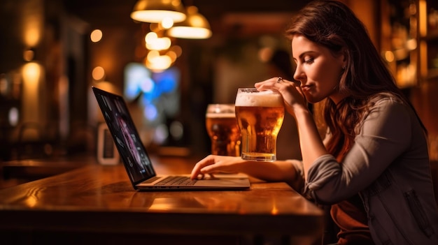 Eine Frau arbeitet an ihrem Laptop und trinkt Bier.