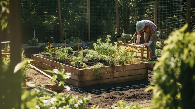 Eine Frau arbeitet in einem Garten mit einem Hochbeet.