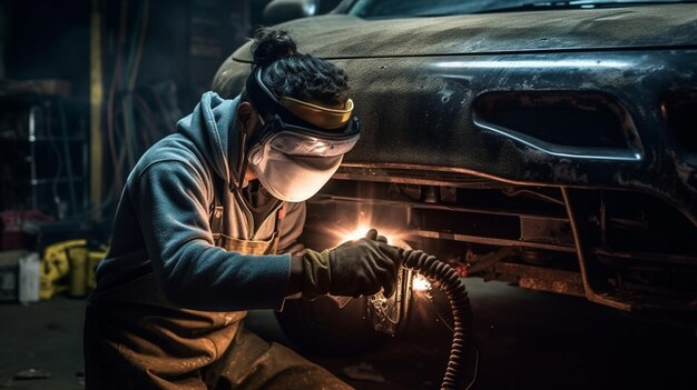 Eine Frau arbeitet in einer Garage an einem Auto