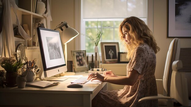 Eine Frau arbeitet in ihrem Heimbüro an einem Computer.