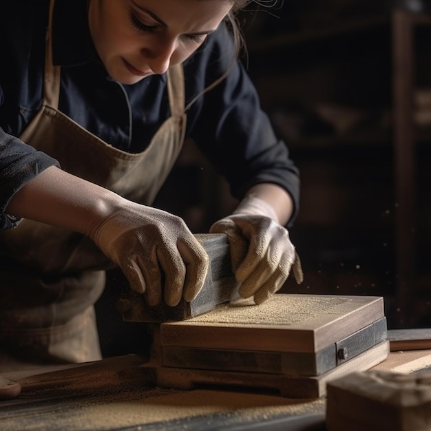 Eine Frau arbeitet mit einem Holzklotz in der Hand an einem Stück Holz.