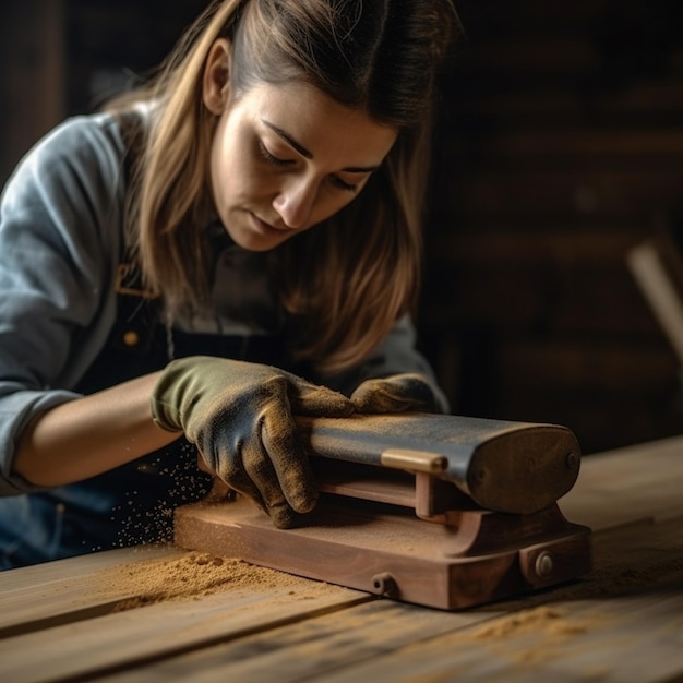 Eine Frau arbeitet mit einem Holzklotz in der Hand an einem Stück Holz.