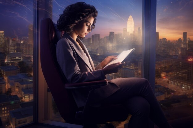 Eine Frau arbeitet mit einem Tablet in einem modernen Büro