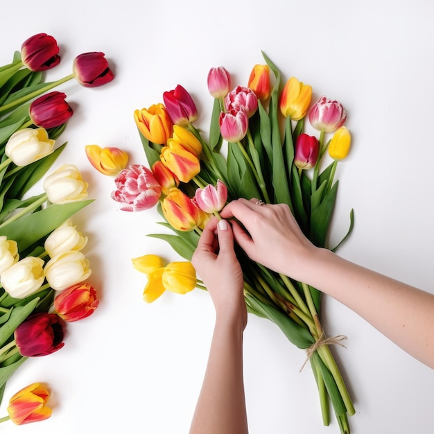 Eine Frau arrangiert Blumen auf einem Tisch.