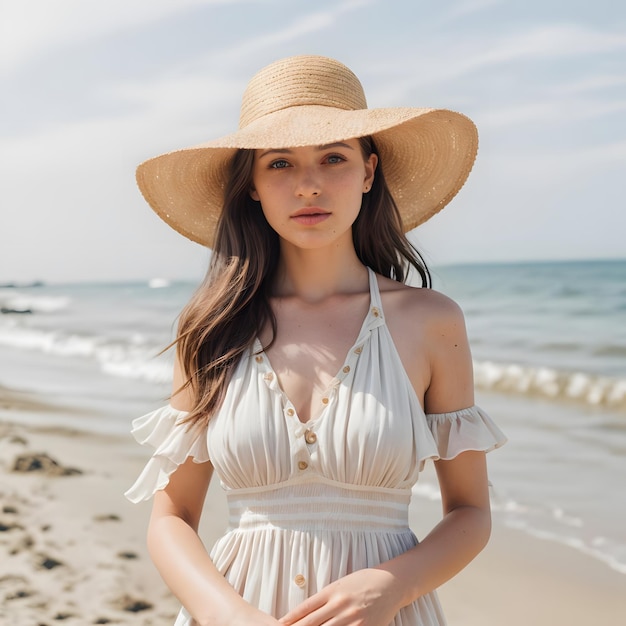 Eine Frau auf dem Strand trägt modische Kleidung mit Strohhut