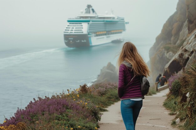 Eine Frau auf einem Klippenspitzenweg hält an, um ein vorbeifahrendes Kreuzfahrtschiff zu sehen