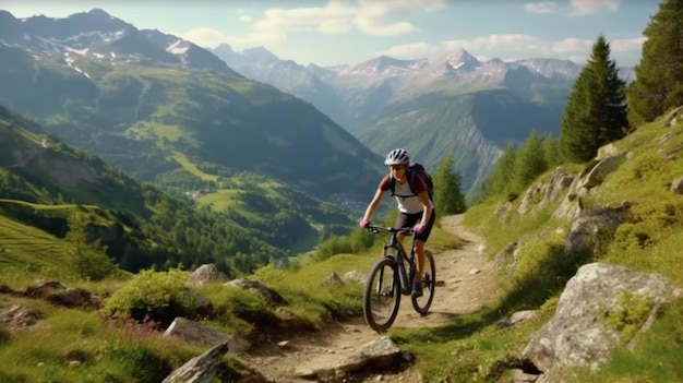 Eine Frau auf einem Mountainbike, die durch eine Landschaft fährt. Generative KI