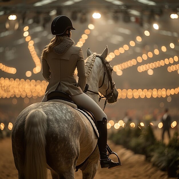 Foto eine frau auf einem pferd mit einem weißen pferd im hintergrund