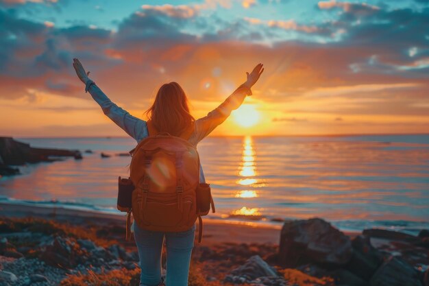 Foto eine frau aus amerika starrt auf den sonnenuntergang rucksack mit verbundenen, ausgestreckten armen