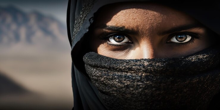 Eine Frau Aus Dem Nahen Osten Die Einen Schwarzen Niqab Hijab Trägt Blickt Mit Leichter Trauer
