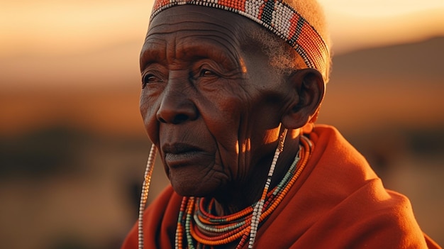 Eine Frau aus dem Stamm trägt einen traditionellen Hut und einen perlenbesetzten Kopfschmuck.