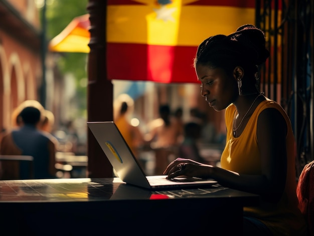 Eine Frau aus Kolumbien arbeitet an einem Laptop in einer lebendigen städtischen Umgebung