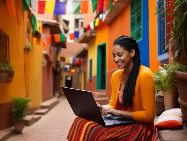 Eine Frau aus Kolumbien arbeitet an einem Laptop in einer lebendigen städtischen Umgebung
