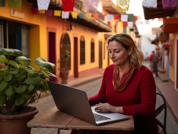 Eine Frau aus Kolumbien arbeitet an einem Laptop in einer lebendigen städtischen Umgebung