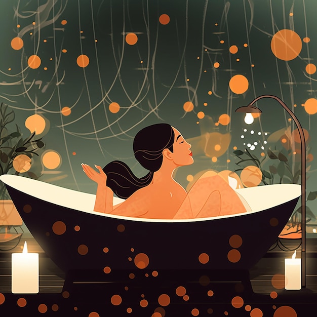 Eine Frau badet in einer Badewanne, hinter ihr brennen Kerzen.