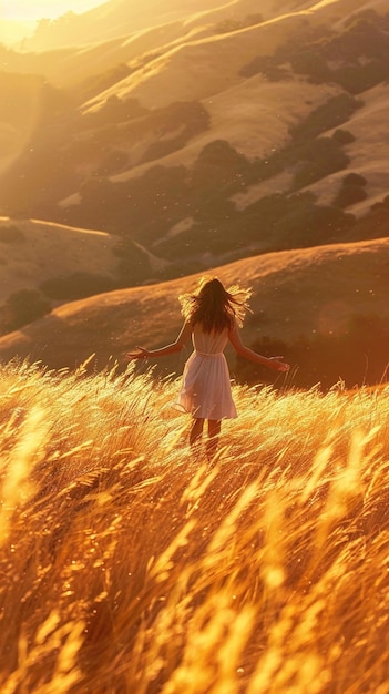 Eine Frau balanciert auf einem Feld mit goldenem Gras in sonnigen Hügeln Kaliforniens