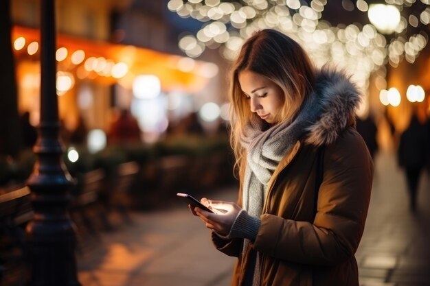 Eine Frau benutzt ein Smartphone im leeren Raum der Stadt. Generative KI