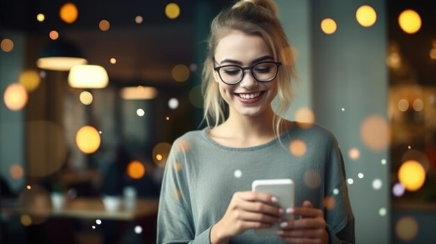 Eine Frau benutzt ein Smartphone in einem Café.