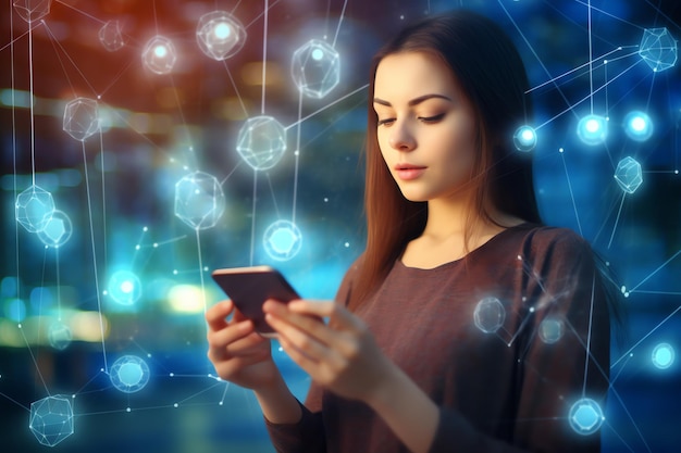 Eine Frau benutzt ein Smartphone mit einem Netzwerk aus Symbolen im Hintergrund.