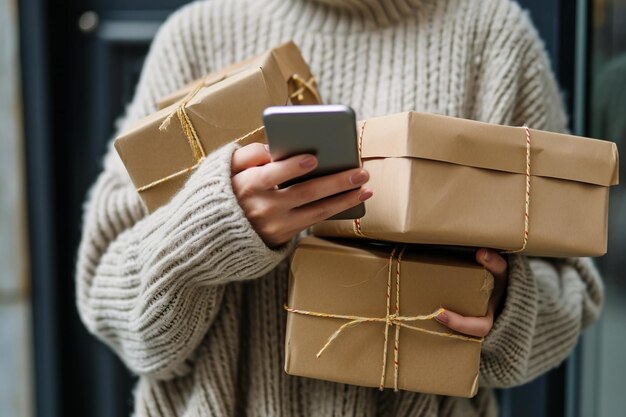 Eine Frau benutzt ein Smartphone mit Paketen in ihren Händen