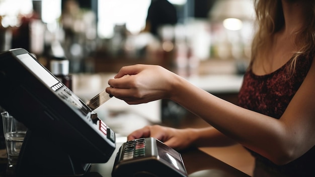 Eine Frau benutzt eine Registrierkasse in einem Café.