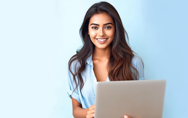 Eine Frau benutzt einen Laptop mit blauem Hintergrund.