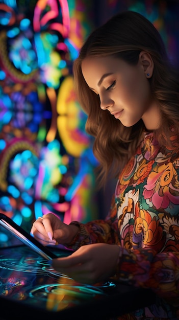 Eine Frau benutzt einen Tablet-Computer in einem hell beleuchteten Raum