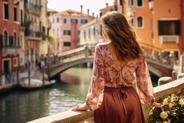 eine Frau beobachtet ein Kanalwasser in Venedig