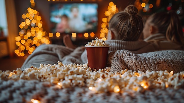 eine Frau beobachtet einen Film mit einer Tasse Popcorn vor sich